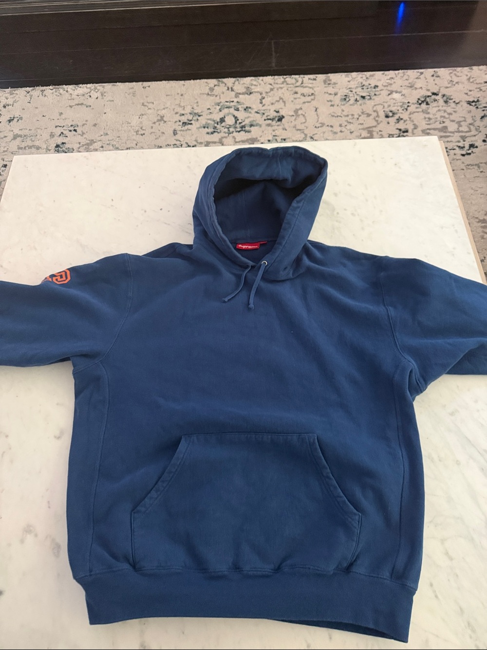 Supreme Navy Hoodie with Orange Sleeve Logos - Picture 2 of 7